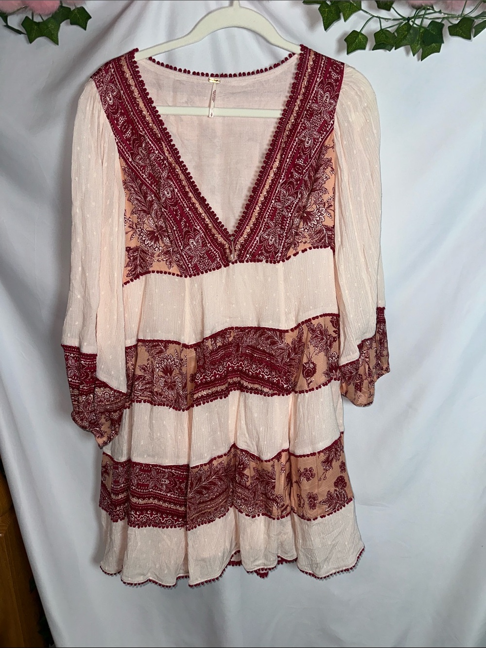 Free People Cream Dress with Burgundy Paisley Trim